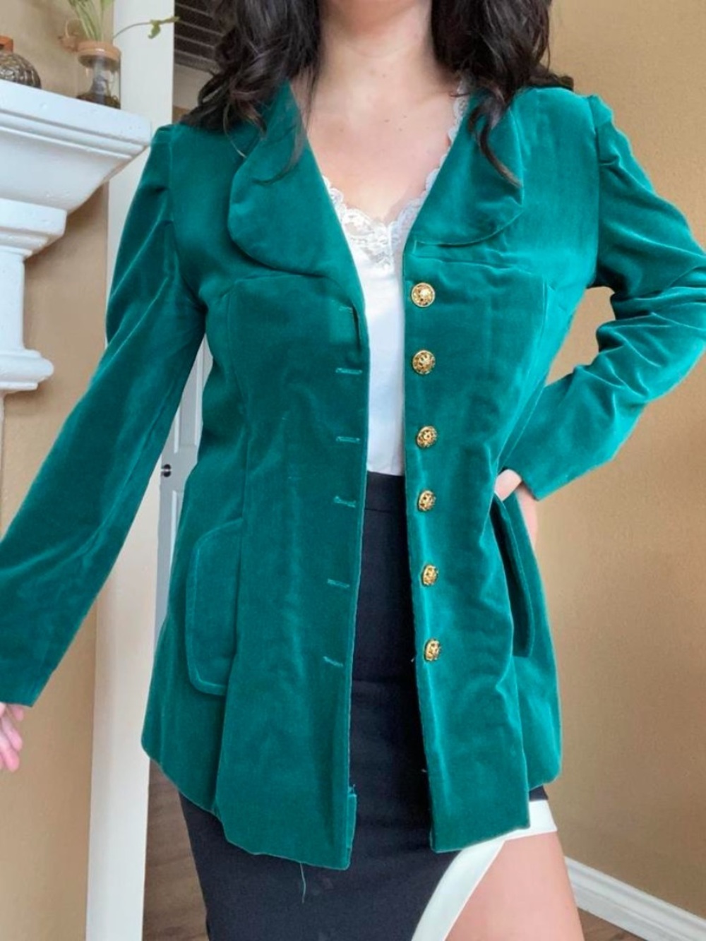 Vintage Teal Velvet Button Front Jacket